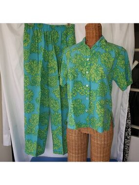Democracy Women's Blue Green Floral Print 2 Piece Pants Set - Size S/M